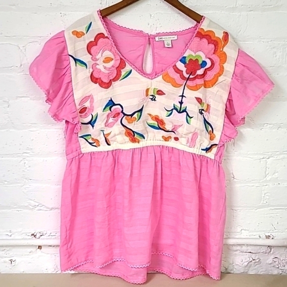 Cato Tops - Cato Pink Embroidered Floral Yoke Tunic